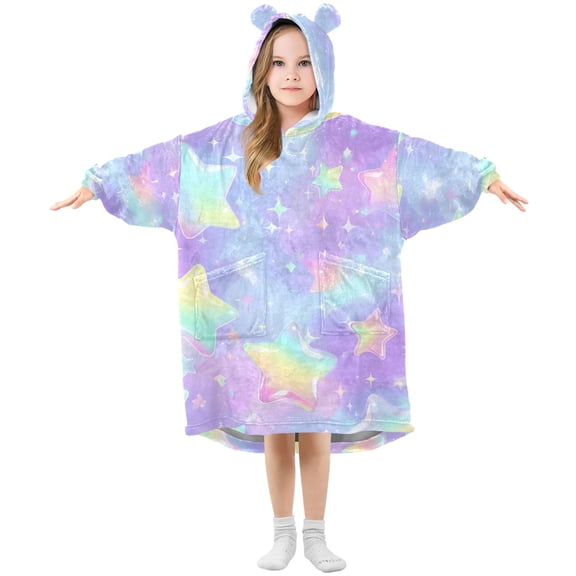 Colorful Shining Stars Flannel Wearable Blankets Hooded Design Long Sleeves Wrap Unisex for 3T-14Y S