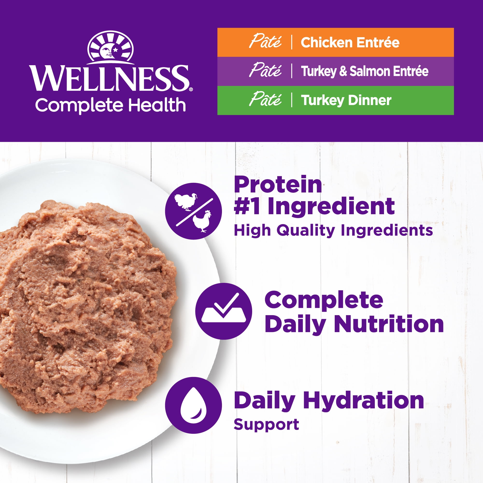 Wellness Complete Health Pate Adult Wet Cat Food, Natural, Protein-Rich, Grain-Free, 3 Ounce , 24 Pack, (Chicken & Turkey Variety Pack)
