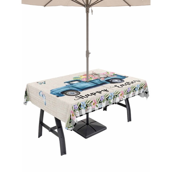 Outdoor Tablecloth with Umbrella Hole and Zipper, Easter Rectangle Table Cloth 52x70 Inch Waterproof Tablecloth, Spring Farmhouse Truck Rabbit Eggs Floral Plaid Picnic Table Cover for Patio Camping