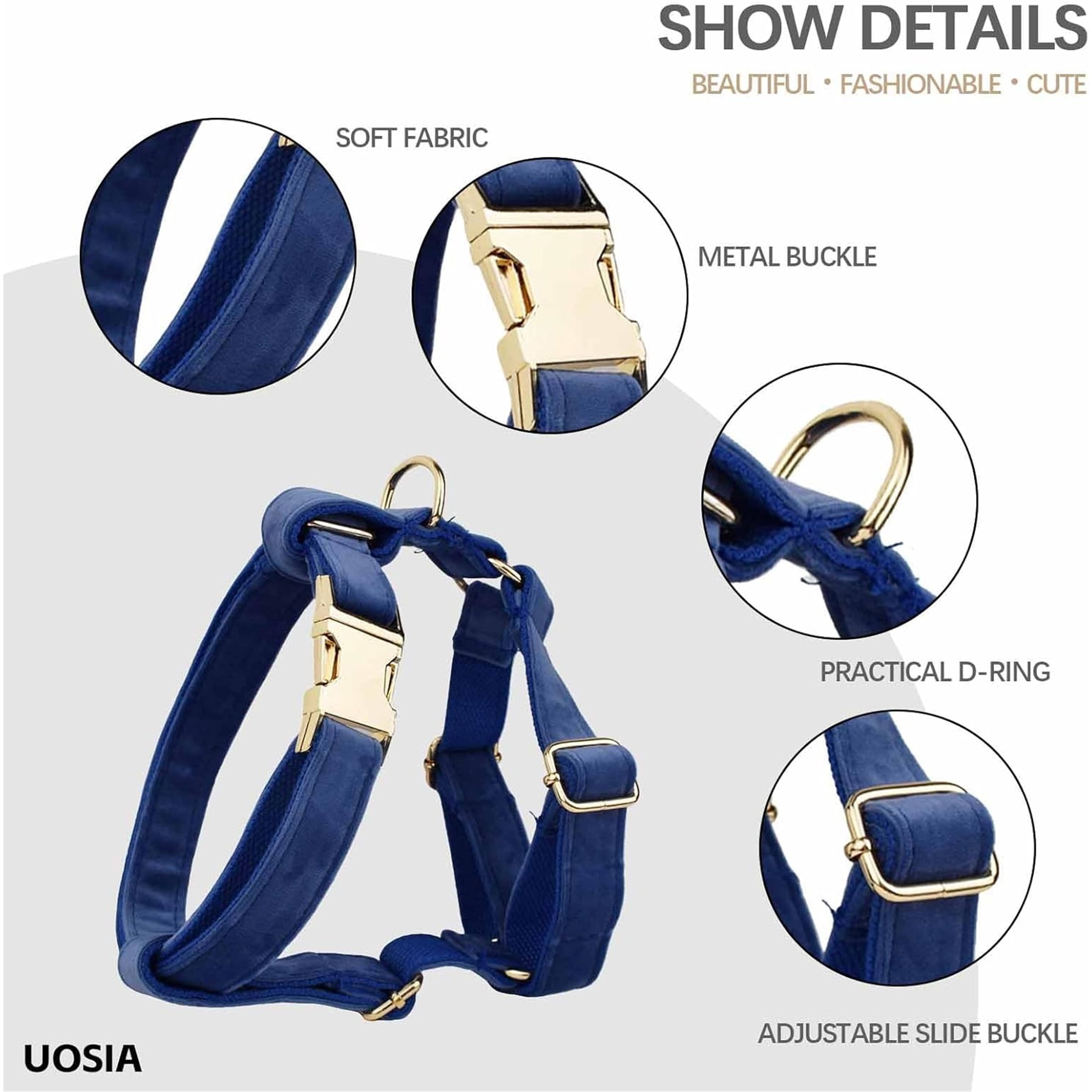 Collar & Leash Set with Metal Buckle No Pull Dog Harness,  Includes Flower，Bow & Poop Bag,Blue,S