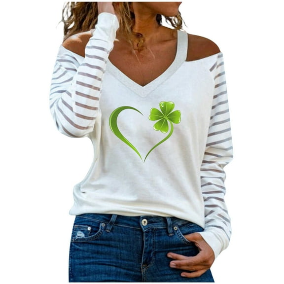 St Patricks Day Shirts for Women Cold Shoulder Mesh Long Sleeve Four Leaf Clover Print Shamrock Blouse Tops T Shirt