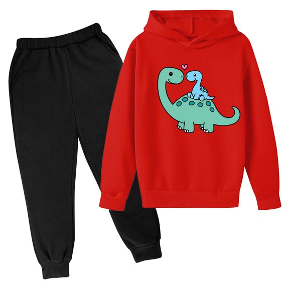 Qingpeng Kids Unisex Casual Outfit Set Long Sleeve Hooded Sweatshirt with Dinosaur Graphic and Elastic Waist Jogger Pants