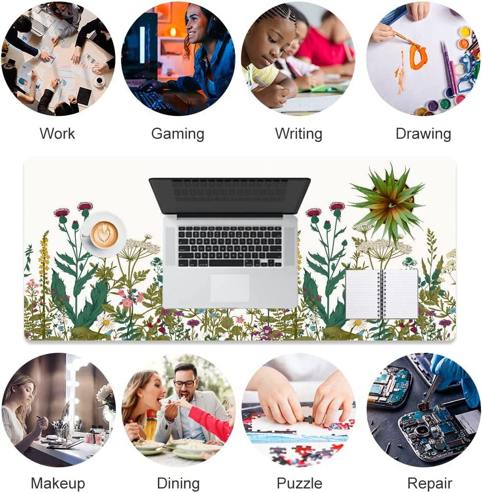 Large Desk Pad, Waterproof PU Leather Computer Desk Mat for Desktop, Wildflowers Weeds Print Cute Gaming Mouse Pad, XXL Full Desk Mousepad Non Slip Writing Pad 31.5" x 15.7" - Colorful Plants