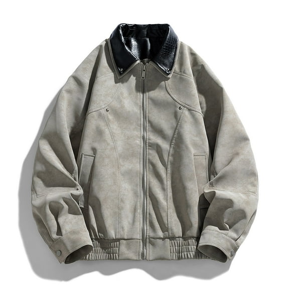 NTACZA Vintage Mens Jackets Winter Faux Leather Beige Motorcycle Jacket Lapel Loose Zip Up Coat Men's Fall Coats L