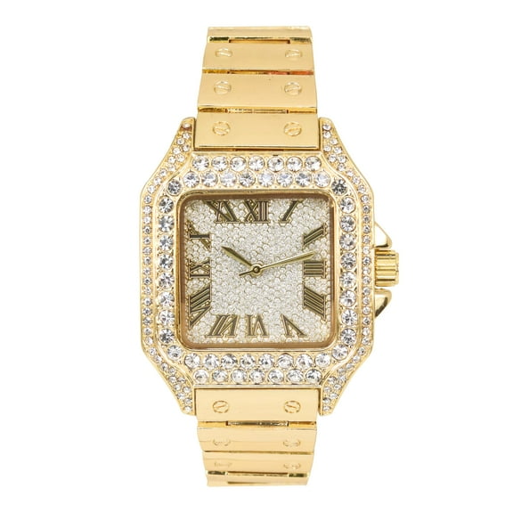 Men's 40mm Square Metal Band Watch – Quartz Movement, Fully Iced Bezel - Gold Finish