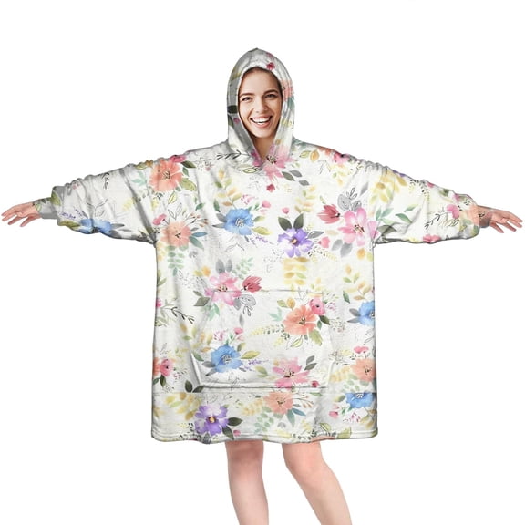 Wearable Oversized Blanket,Pioneer Flower Floral Print Pattern Wearable Blanket Hoodie for Adults,Cozy Hooded Blankets with Super Pockets,Super Warm Fuzzy Pullover for Women & Men