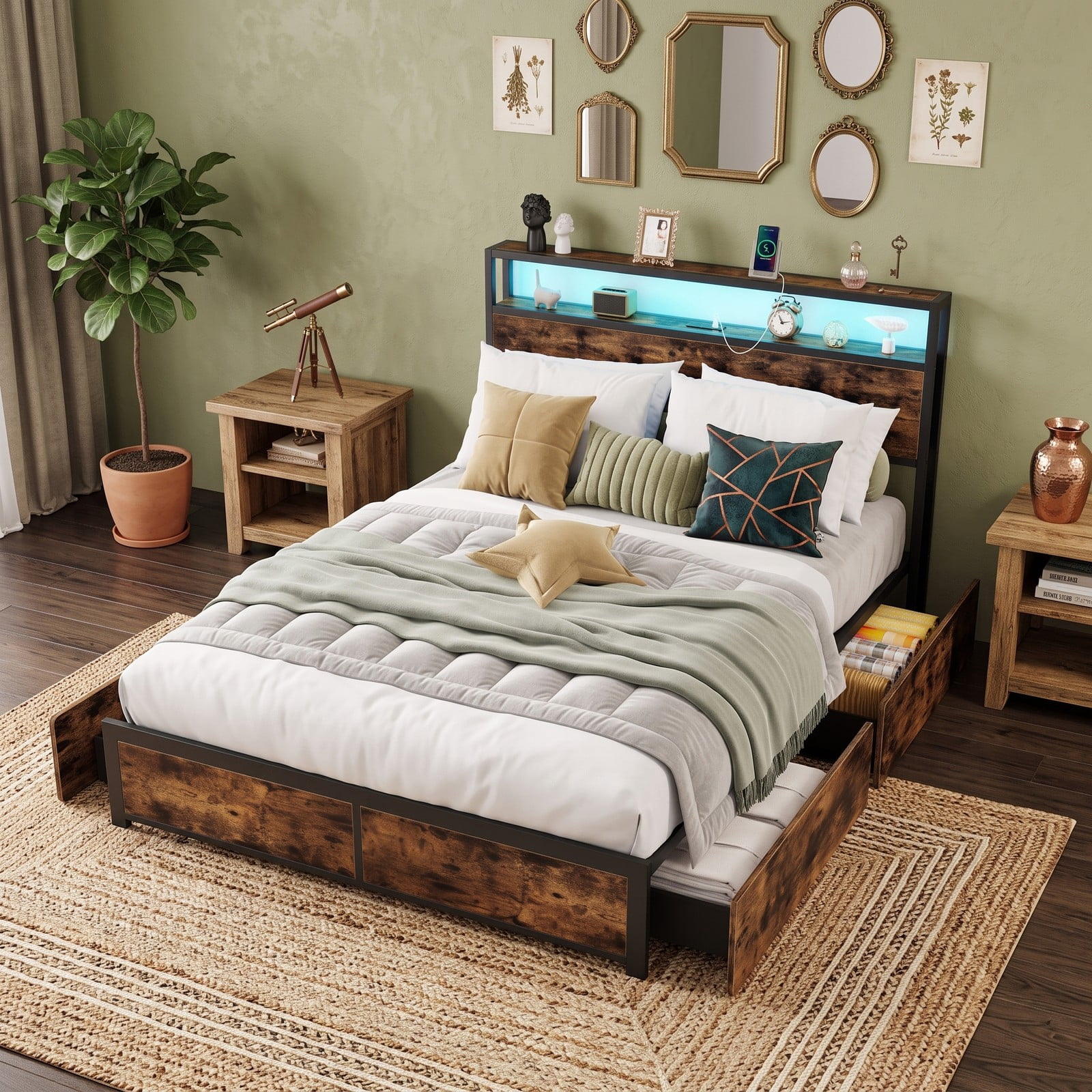Furnibear Queen Bed Frame with Storage, Metal Platform Bed with 4 Drawers, LED Lights and 2-Tier Storage Headboard, Rustic Brown