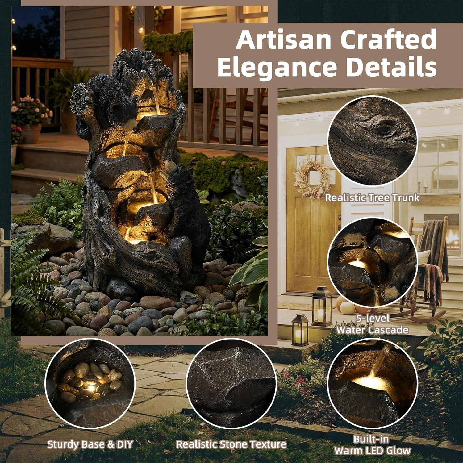 EPICOZY 23" H 5-Tier Outdoor Water Fountain, Realistic Black Bears Climbing Tree Waterfall Fountains with 4 LED Lights & Adjustable Flow, Resin Garden Water Feature for Farmhouse Patio Yard Deck