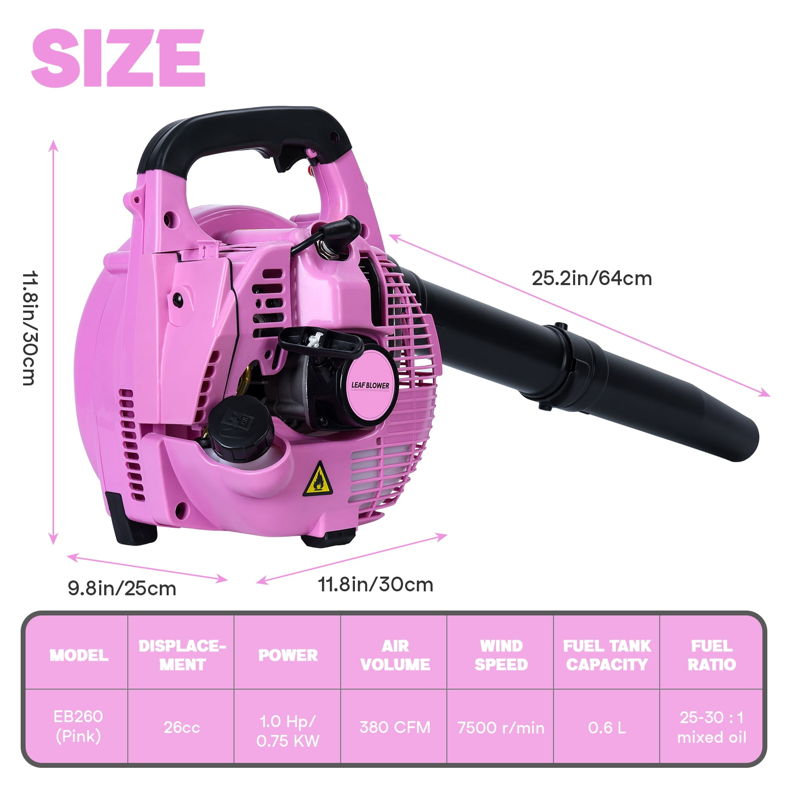 26cc 2-Stroke Gas Powered Leaf Blower,Powerful Pink 26cc Gas Leaf Blower Handheld Lawn & Yard Blower for Leaf Clearing, Snow Blowing & Debris Cleanup