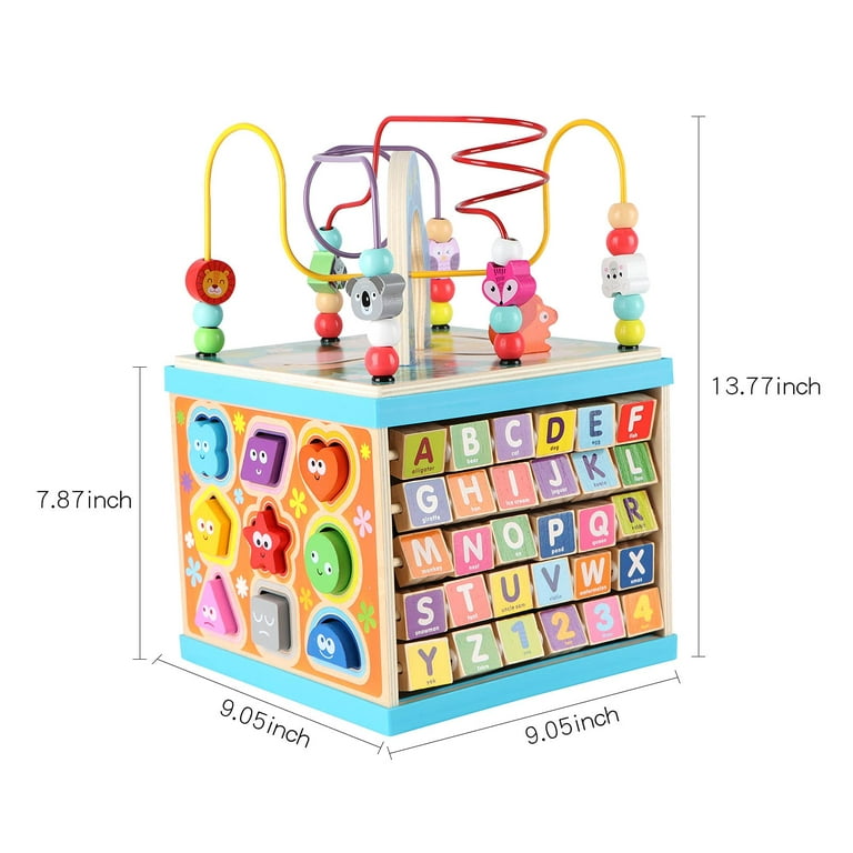 Qilay Wooden Baby Activity Cube for 1 2 Year Old Kids, 5 in 1 Multipurpose  ABC-123 Abacus Bead Maze Shape Sorter