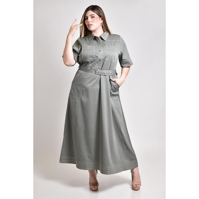 Vestido camisero largo Roman Fashion /Tallas Extras, 3829 (Verde militar) verde oscuro 40