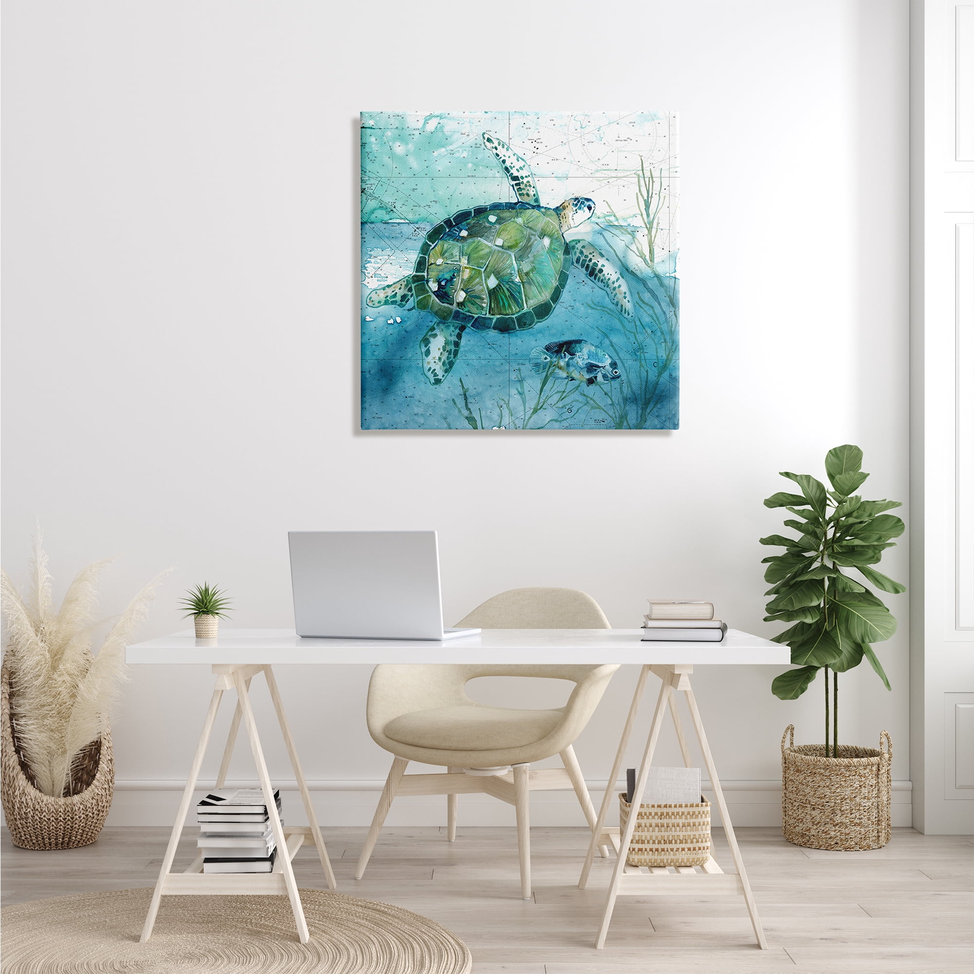 Stupell Industries Sea Tortoise and Fish over Blue Nautical Ocean Map Animals & Insects Painting Gallery Wrapped Canvas Print Wall Art, 30 x 30