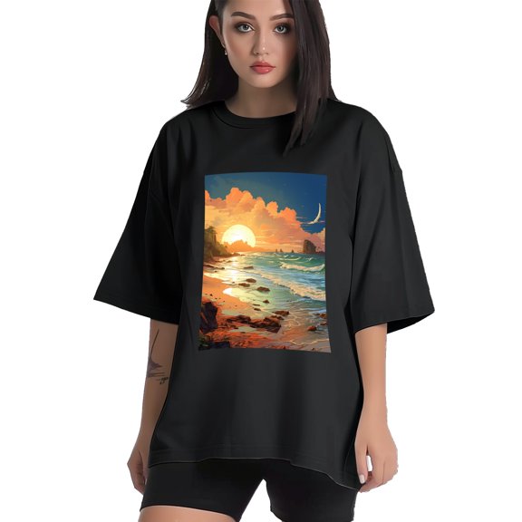 Plus Size Shirt for Women Black Tops for Women Short Sleeves Shirt for Women Seaside (24) T Shirt Crewneck Shirt for Women XS