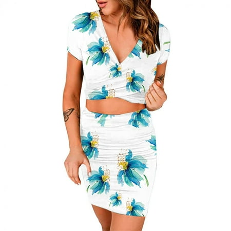 

AOOCHASLIY Clearance Women Summer Sexy Printed Slimming V-Neck Navel Solid Short SleeveDress