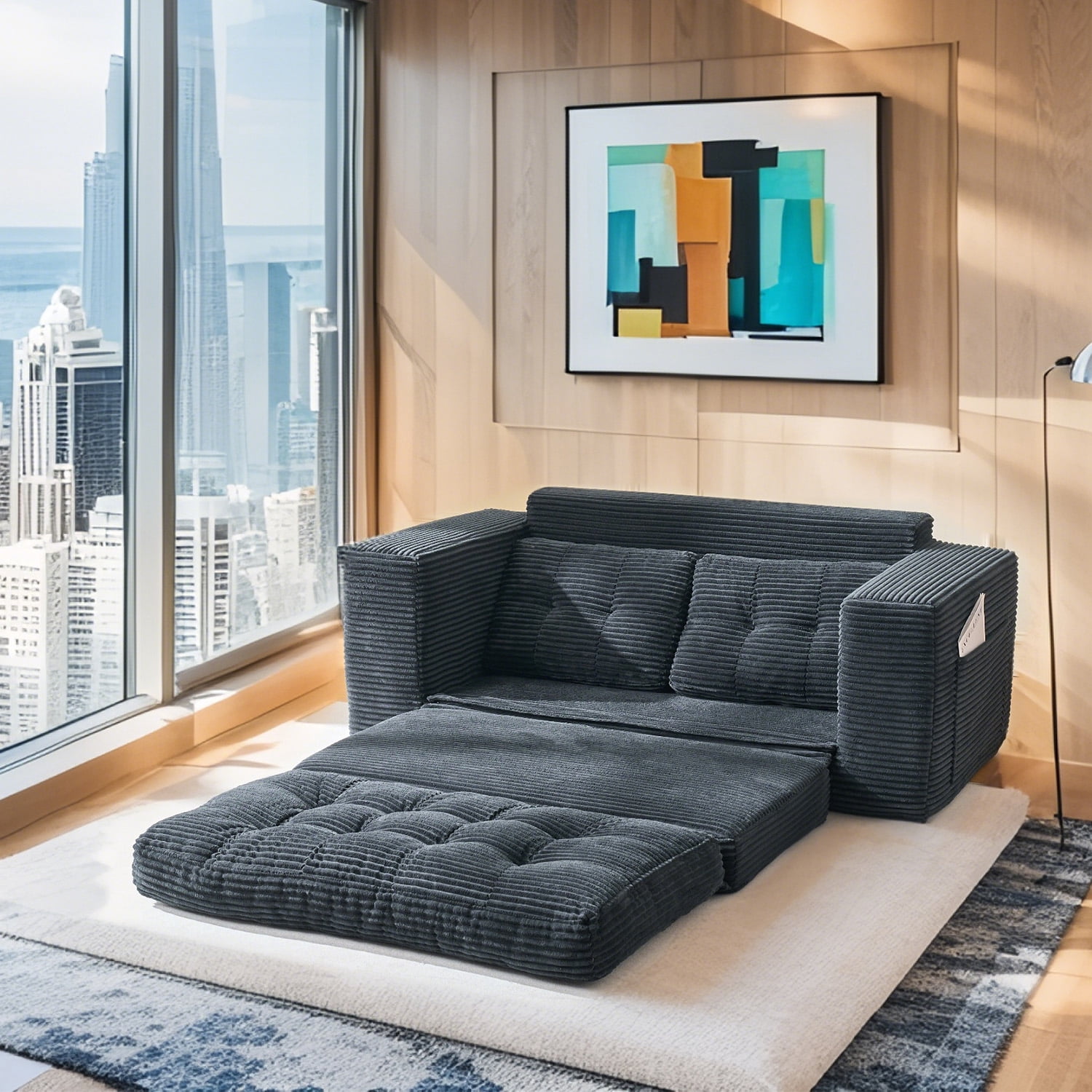 Leumius Futon Sofa Bed,2-in-1 Folding Sofa Bed with Memory Foam & Steel Frame,Corduroy Fabric Boneless Floor Sofa for Small Spaces, Apartments, Home Office & Bedroom,Black