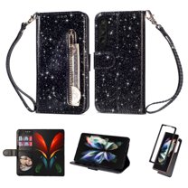 ELEHOLD Stylish Flip Wallet Case for Samsung Galaxy Z Fold 5,Bling Glitter Leather Zipper Pocket Card Slots Kickstand Function Magnetic Clasp Detachable Lanyard Purse Case,Black