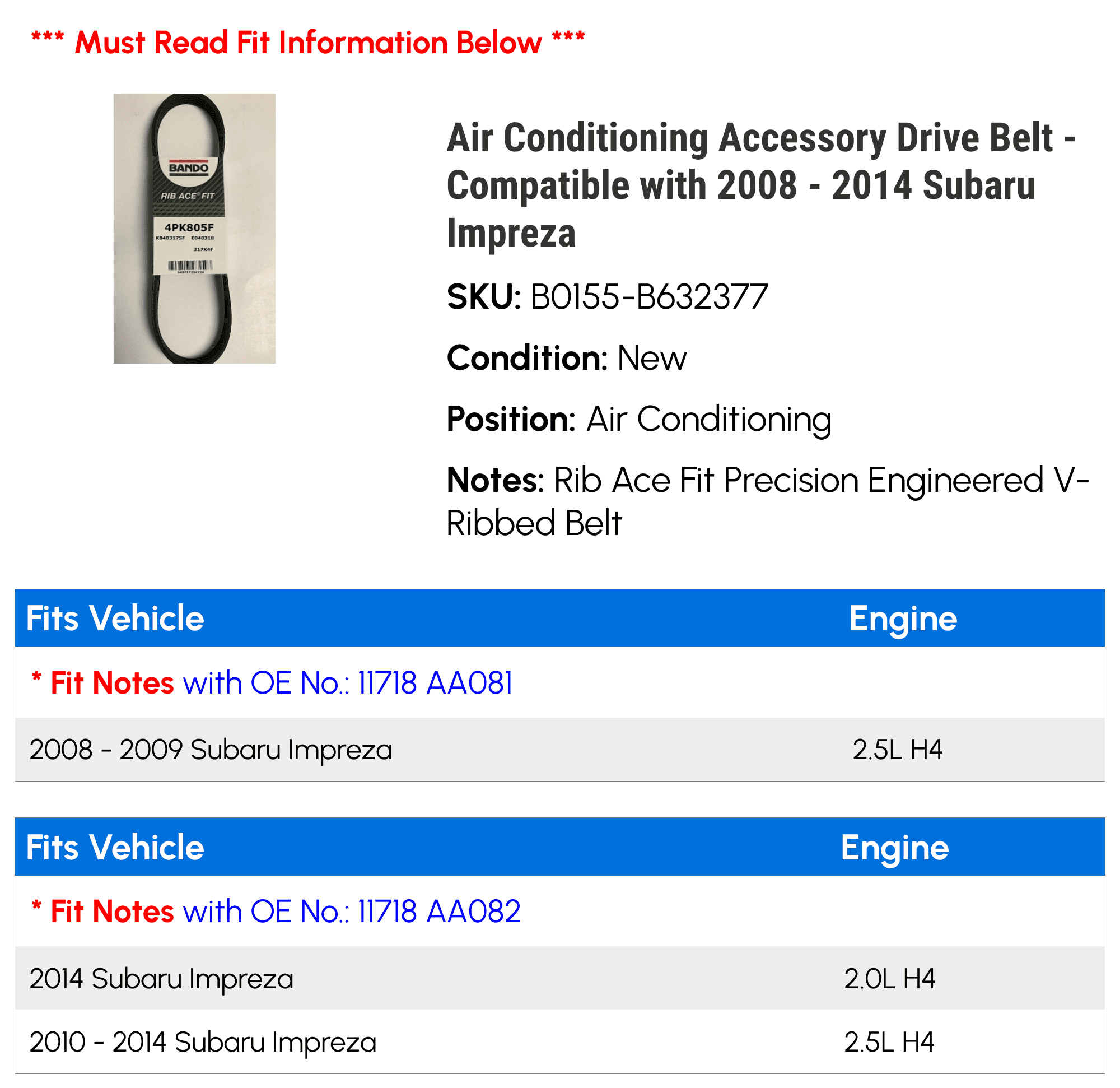 Air Conditioning Accessory Drive Belt - Compatible with 2008 - 2014 Subaru Impreza 2009 2010 2011 2012 2013