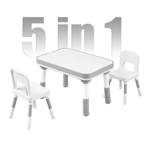 ICEELF 5-in-1 Kids Table and Chair Set with Storage, Height Adjustable Toddler Activity Table with 2 Chairs, Dual-Sided Building Block & Drawing Table for Sand & Water Play, Gray
