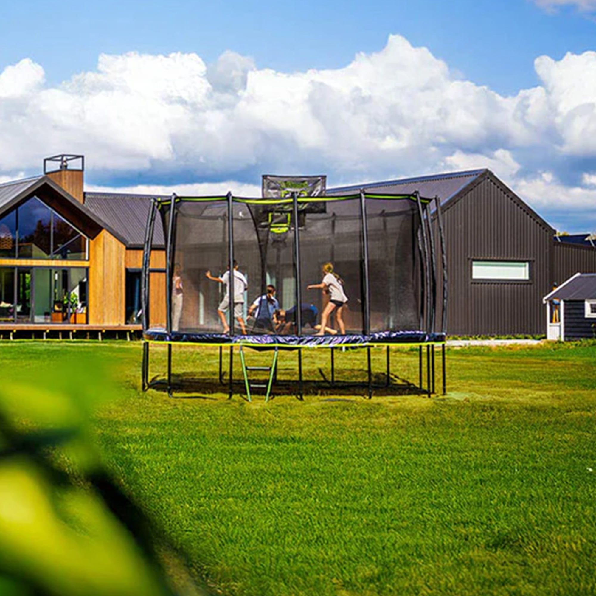 Jumpflex MEGA 14' Trampoline, Outdoor Playset with PROJAM Basketball Hoop, Black/Green