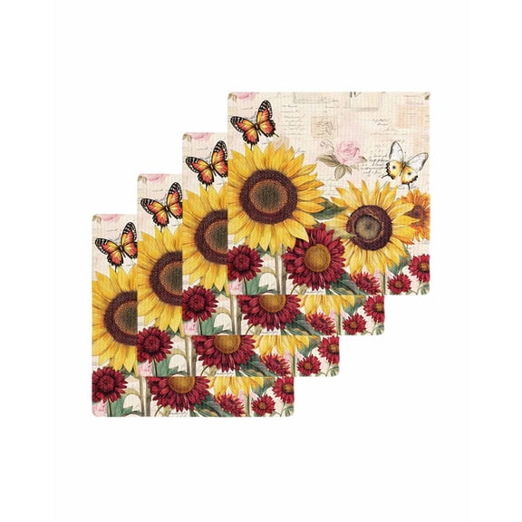Sunflower Kitchen Dish Towels for Drying Dishes Set of 4, Farmhouse Roses Floral Vintage Butterfly Waffle Weave Microfiber Terry Hand Tea Bathroom Towels Quick Dry & Absorbent Towel 12x12