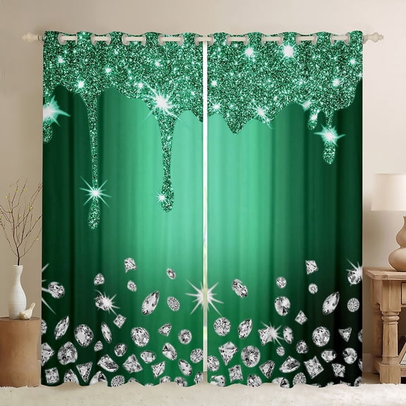 Feelyou Fashion Sequin Print Black Out Curtains for Girls, Glitter Luxury Diamond Curtains Pack of 2 (42x63 Each), Green Princess Style Bedroom Curtains, Curtains and Drapes Room Decor