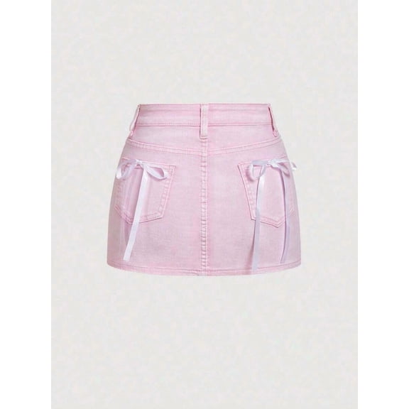 Womens Pink Fitted Denim Mini Skirt With Bow-Tie Pocket Details