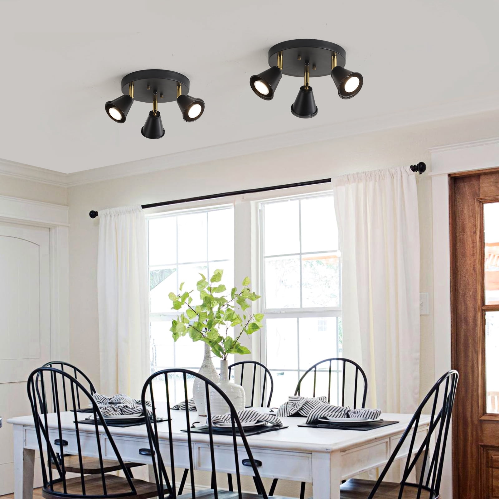 3-Light Industrial Directional Track Lighting, Adjustable Round Ceiling Spotlight, Morden Black Flush Mount Kitchen Light for Kitchen,Hallway,Dining Room,Porch,Office. Gu10 Bulbs Included