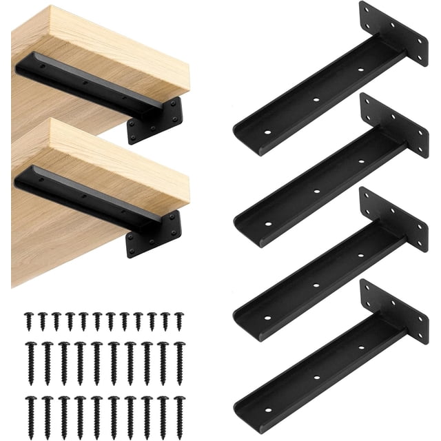 Qucyy 4 Pcs Heavy Duty Floating Shelf Brackets,8 Inch Hidden Shelf Bracket,Wall Mount Invisible Metal L Brackets for Shelf Bracket ,Countertop Support Brackets with Screw Included Matte Black 8 Inch
