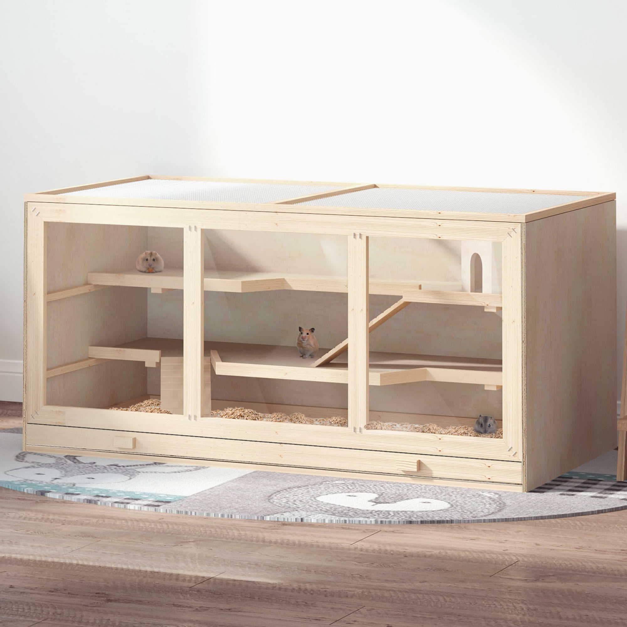 Extra Large Wooden Hamster Cage, Gerbil Cage, and Other Small Animal Habitat, Hamster Habitat with Opening Roof, Hut, Ramps, Natural