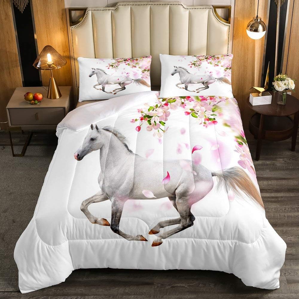 YST Horse Comforter Set, Cherry Blossoms Flower Bedding Set for Kids