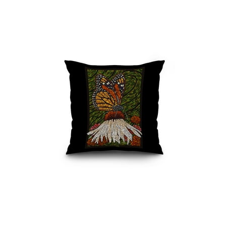 Green Lantern Mosaic (Monarch Butterfly - Paper Mosaic - Green Background - Lantern Press Poster (16x16 Spun Polyester Pillow, Black)