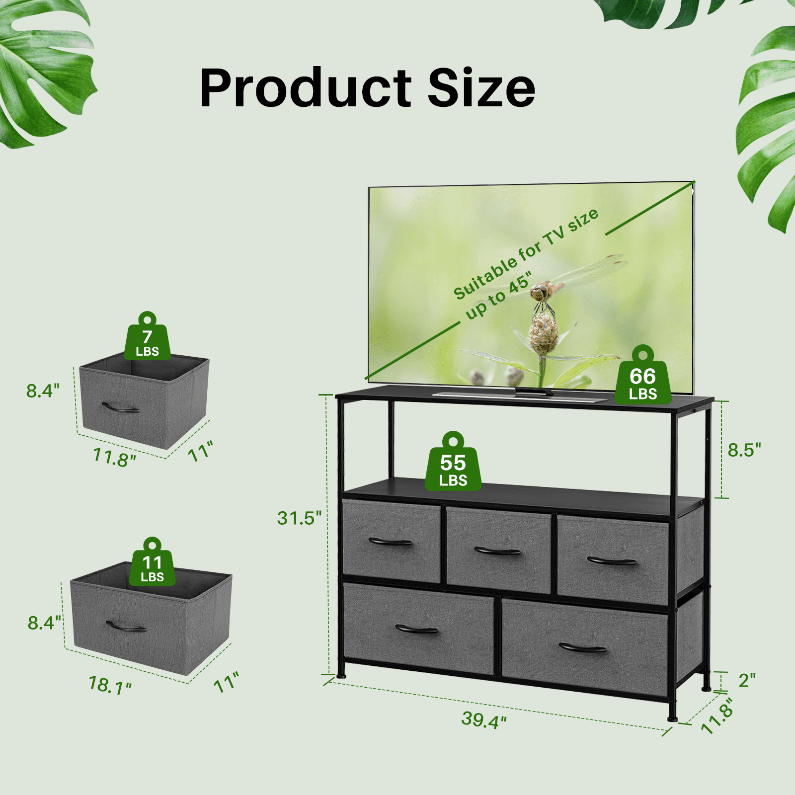 TINKLE WELL Storage dresser TV stand with 5 Fabric Drawers and Wood Open Shelf, Media Console Organizer for 45'' TV, Ideal for Living Room, Bedroom, or Apt, Gray