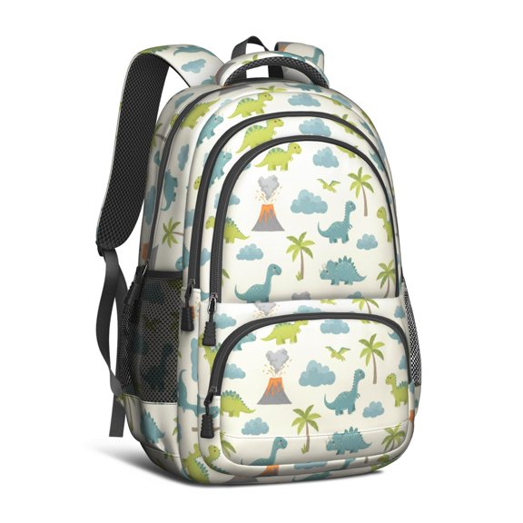 Light Green Dinosaurs Volcanoes Pattern Cute School Backpack Bag with Padded Back and Adjustable Shoulder Straps 16.9 X 12.6 X 5.9 Inches