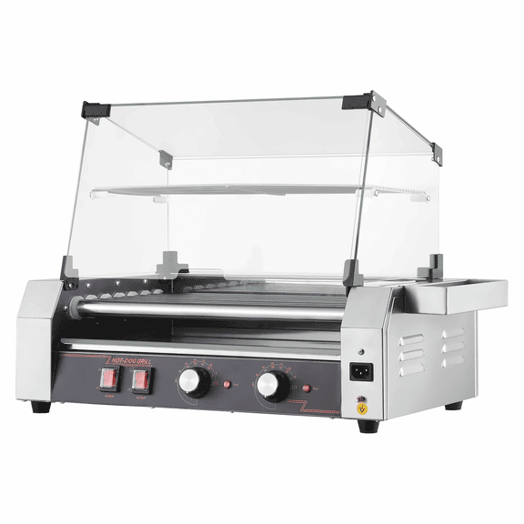 Hot Dog Roller, 18 Hot Dog 7 Rollers, Stainless Steel Sausage Grill Cooker, 1050W Commercial Hot Dog Machine with Dual Temp Control, Cover, Side Storage Box, Removable Shelf & Oil Drip Tray