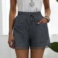 thumbnail image 5 of Pounoo Women's Shorts Elastic Waist Linen Blend Shorts Casual Daily Style Lightweight Breathable Drawstring Waist Floral Embroidered Hem Shorts Gift, 5 of 8