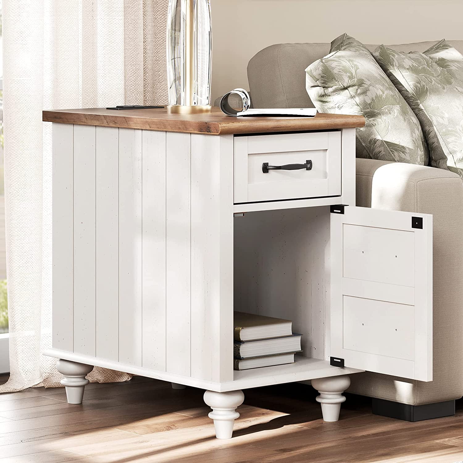 End Table with Charging Station&USB Port, Side Table with Storage Drawers for Living Room, Bedroom, White