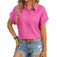 thumbnail image 4 of SLADYGLO Women Textured Lapel Collar Button Down Rolled Short Sleeve Shirt, 4 of 7