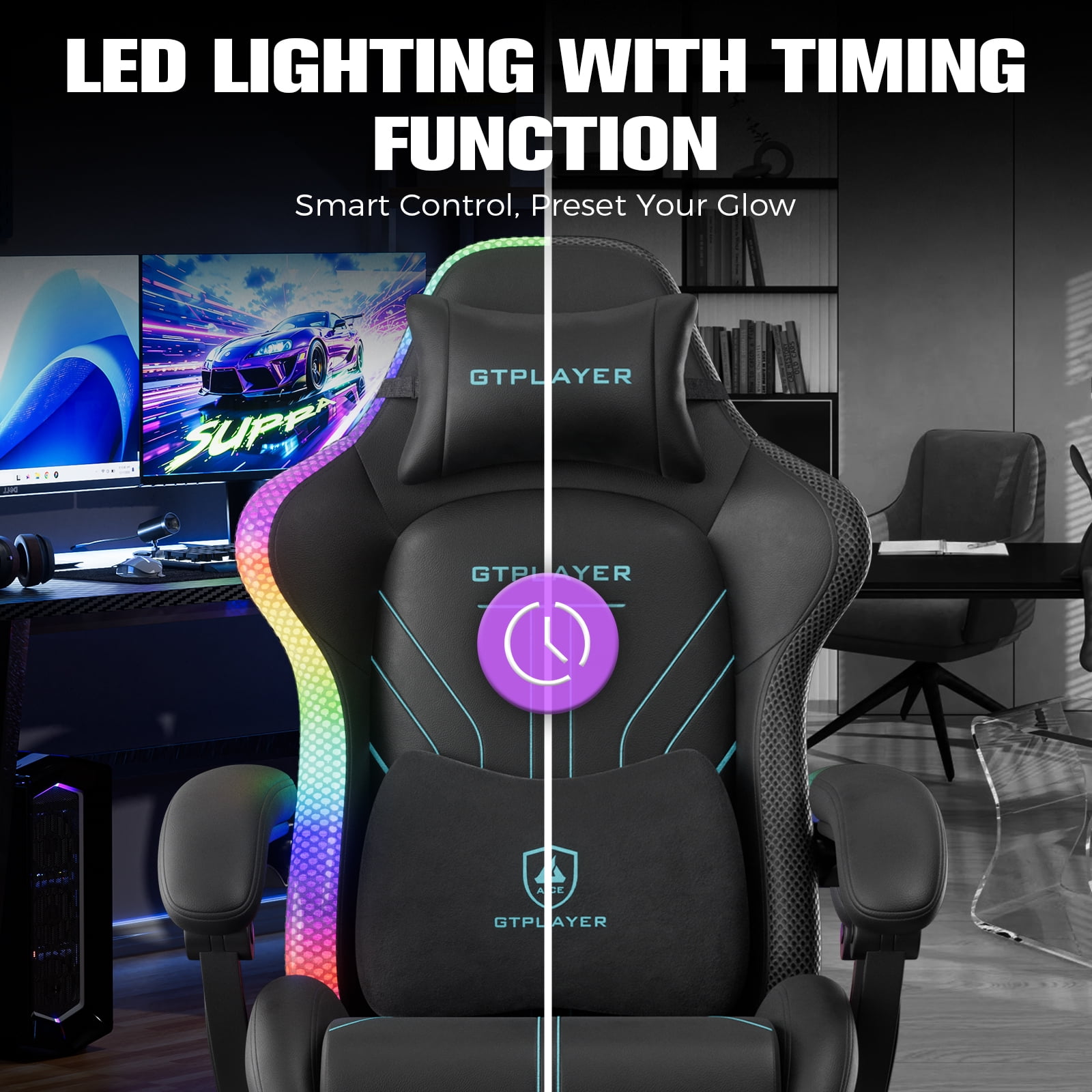 GTPLAYER RGB Gaming Chair with Timed LED Lights, 400LBS Capacity Gaming Office Chair with Reclining Backrest & Retractable Footrest for Gaming & Office, Blue