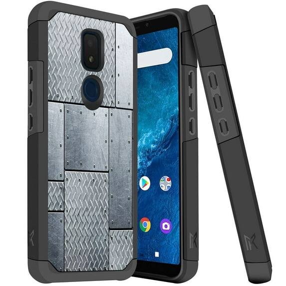 ANJ+ Slim Dual Layer Hybrid Shockproof Case + Tempered Glass Cover for Cricket Icon 3, Splendor, AT&T Motivate 2 - Steel Plate Sheets