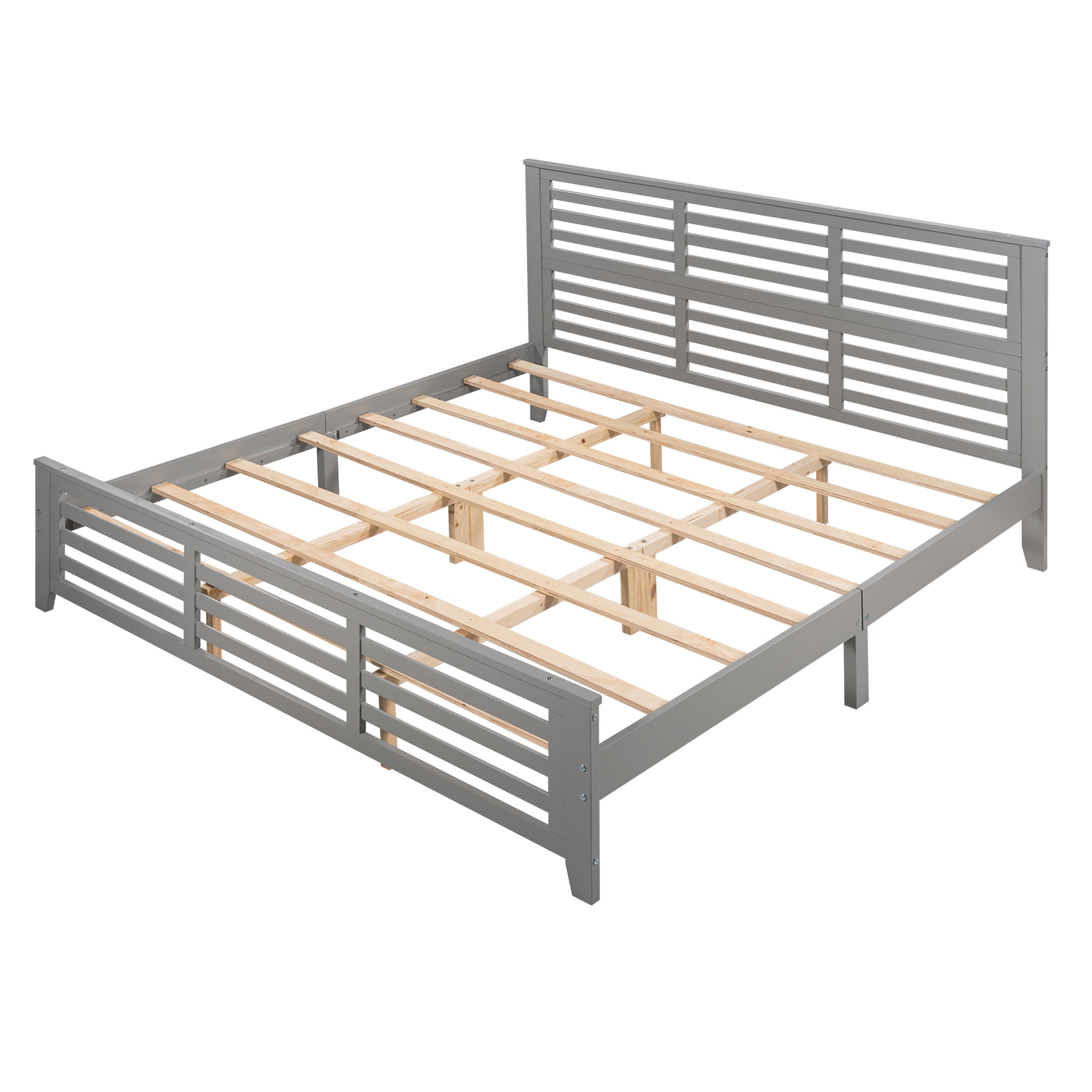 EUROCO King Size Wood Platform Bed with Slatted Shaped Headboard & Footboard, Gray