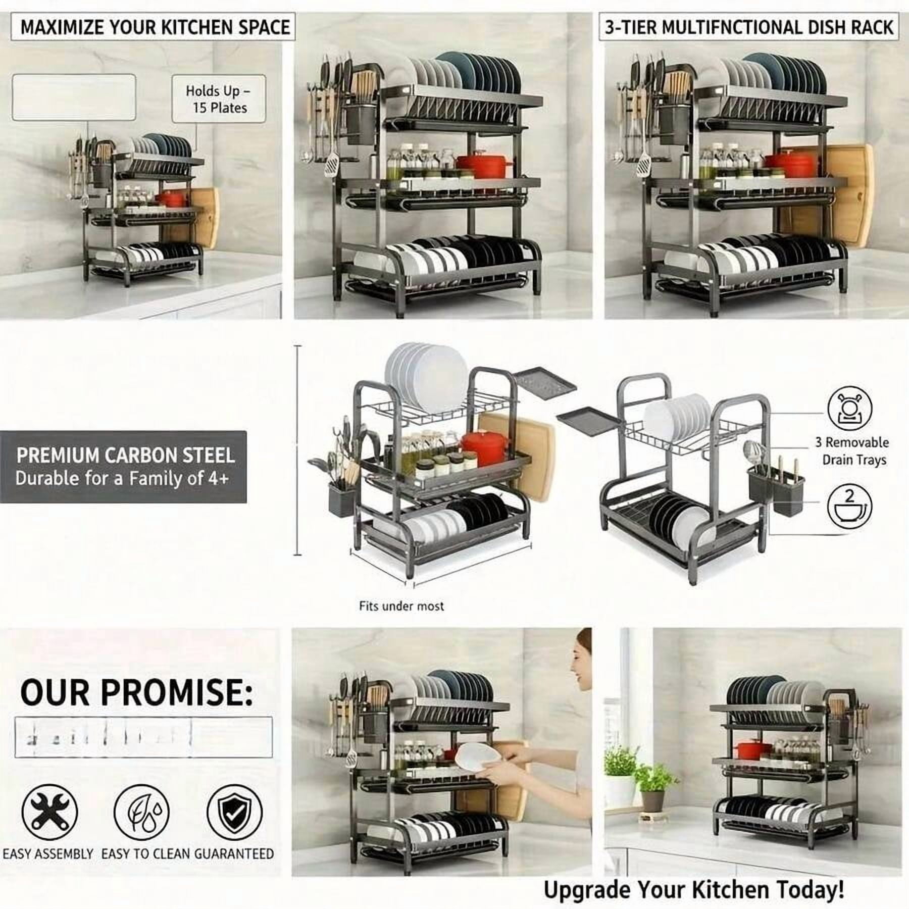 3-Layer Kitchen Dish Drying Rack in Black with Drain Board for Home Essentials