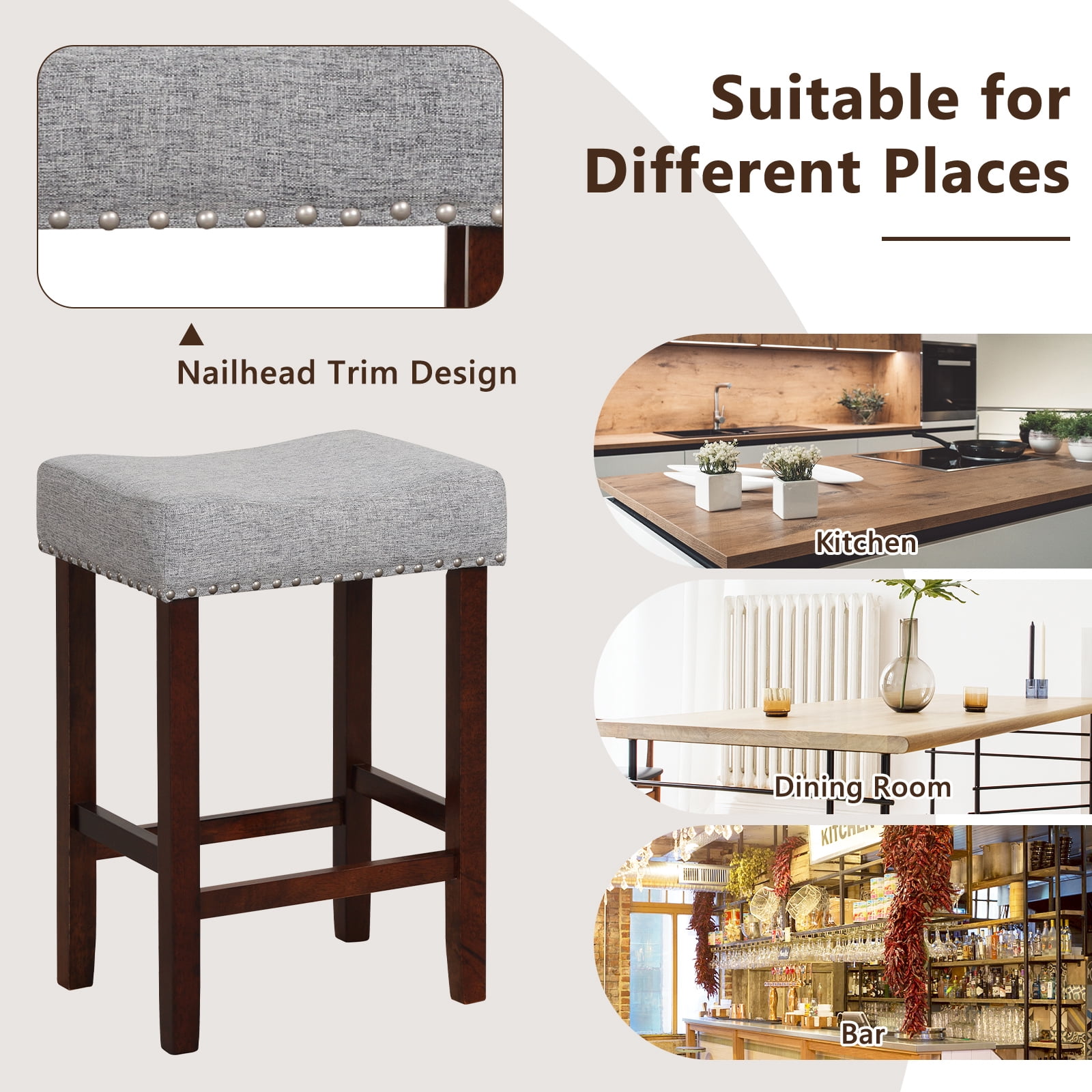 Costway Set of 2 Counter Height Bar Stools Saddle Kitchen Chairs with Wooden Legs Gray