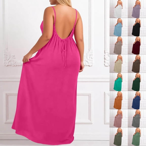 MAIHAN Backless Dresses for Women,Summer Sleeveless Backless cami Dresses Spaghetti Strap Flowy Dress Long Sundress with Back Tie(Hot Pink,XXXXL)