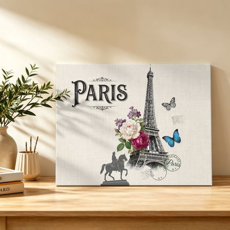 Paris Tower Canvas Wall Art Vintage Travel Pink White Peonies Blue Butterfly Horse Wall Art Prints Artwork Framed Canvas Ready to Hang Art Pictures for Bathroom Bedroom Entry Desk Corner 10 x 8