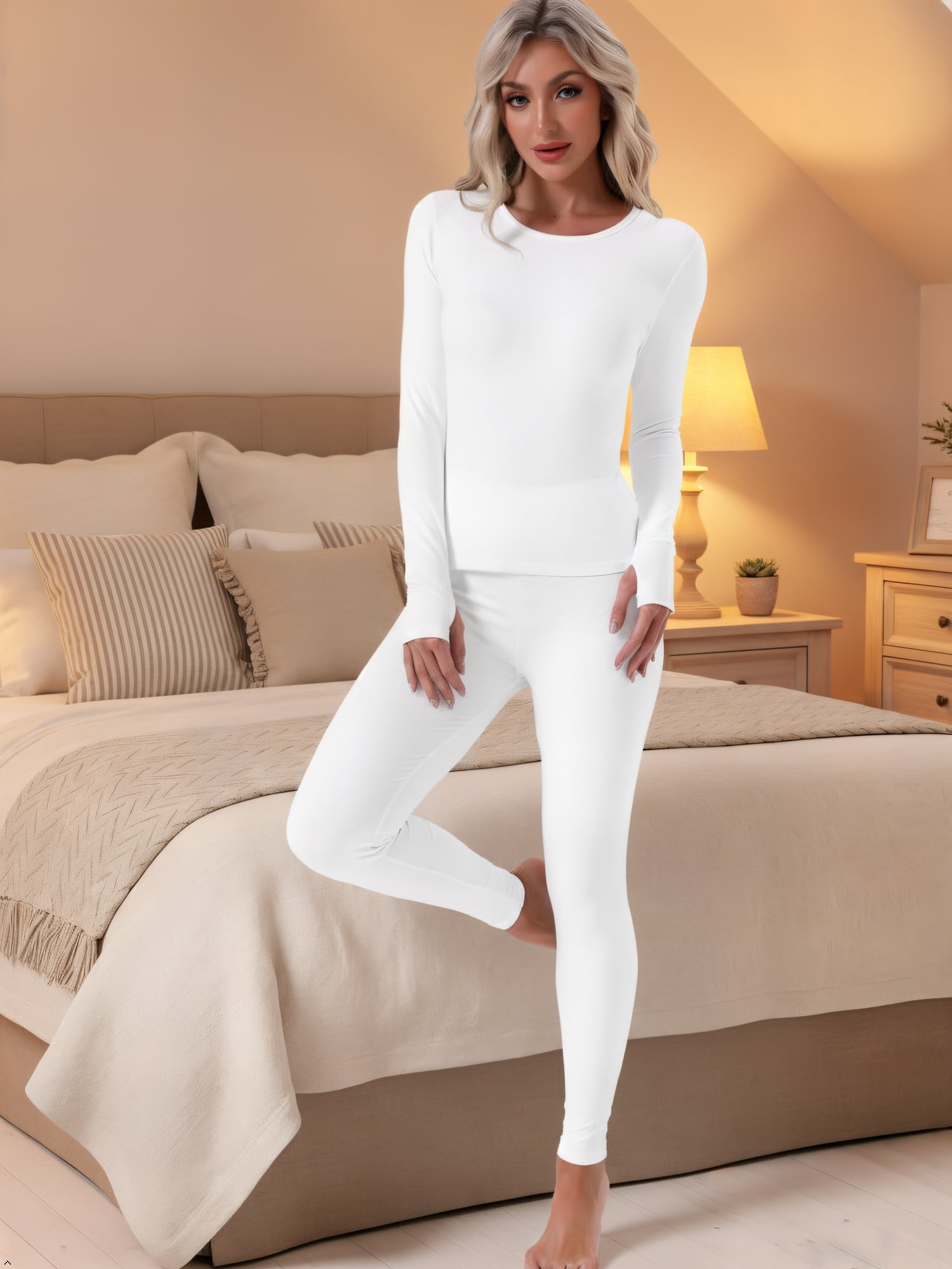 DARING DIVA Women's Thermal Sets Underwear Long Sleeve Fleece with Leggings L White