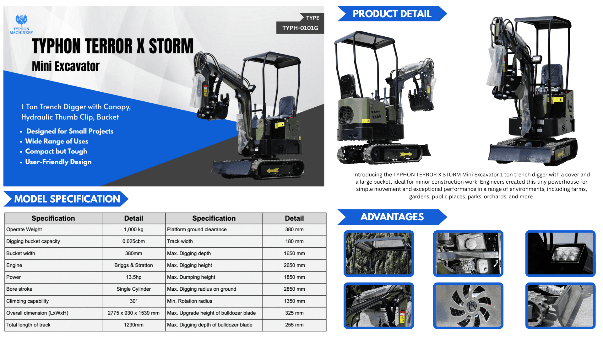 TYPHON TERROR X STORM Mini Excavator Machine – 1 Ton Trench Digger with Canopy, Hydraulic Thumb Clip, Bucket USA