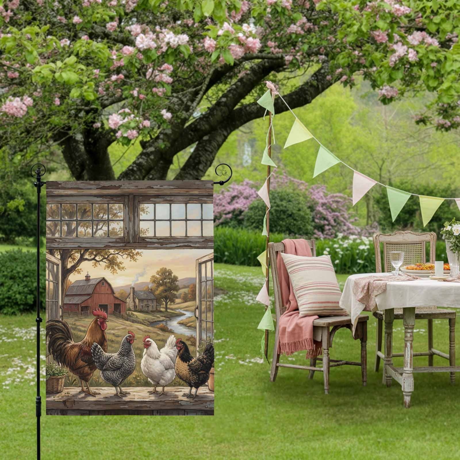 Farm Animals House Flag 28 x 40 Inches, Pastoral Landscape Farmhouse Rooster Hen Chicken Barn Weather Proof Outdoor Patio Flags Double Sided Small House Decoration for Yard Lawn Outside Home