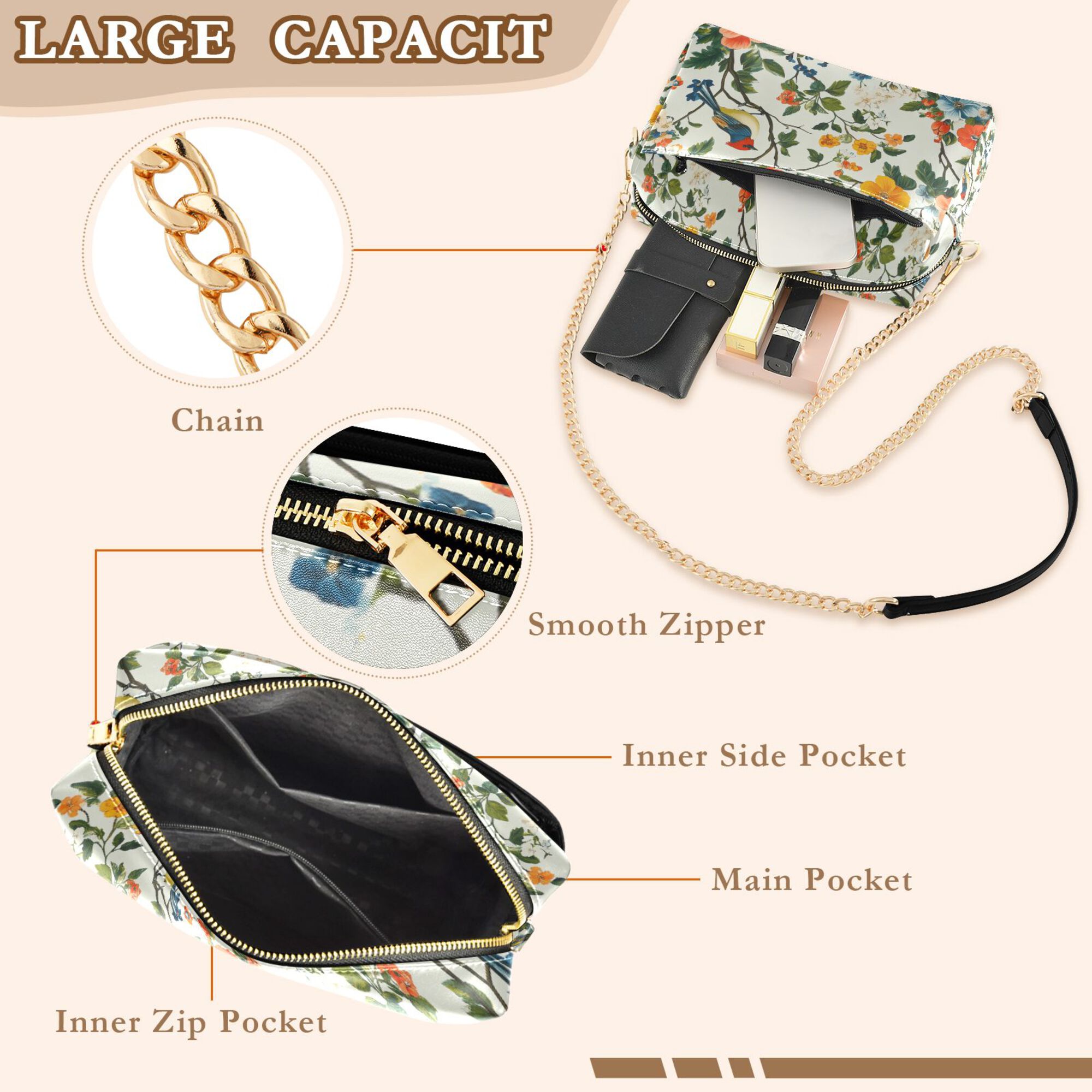 FORMRS Women Crossbody Purse with Chain Strap Vegan Leather Shoulder Handbag, Light Green Floral Pattern
