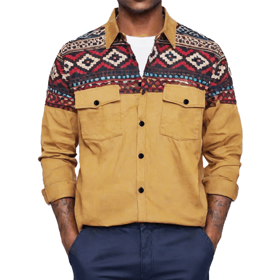 Western Cowboy Long Sleeve Shirts for Men Snap Button Shirt with Western Cowboy Embroidery Yellow XL