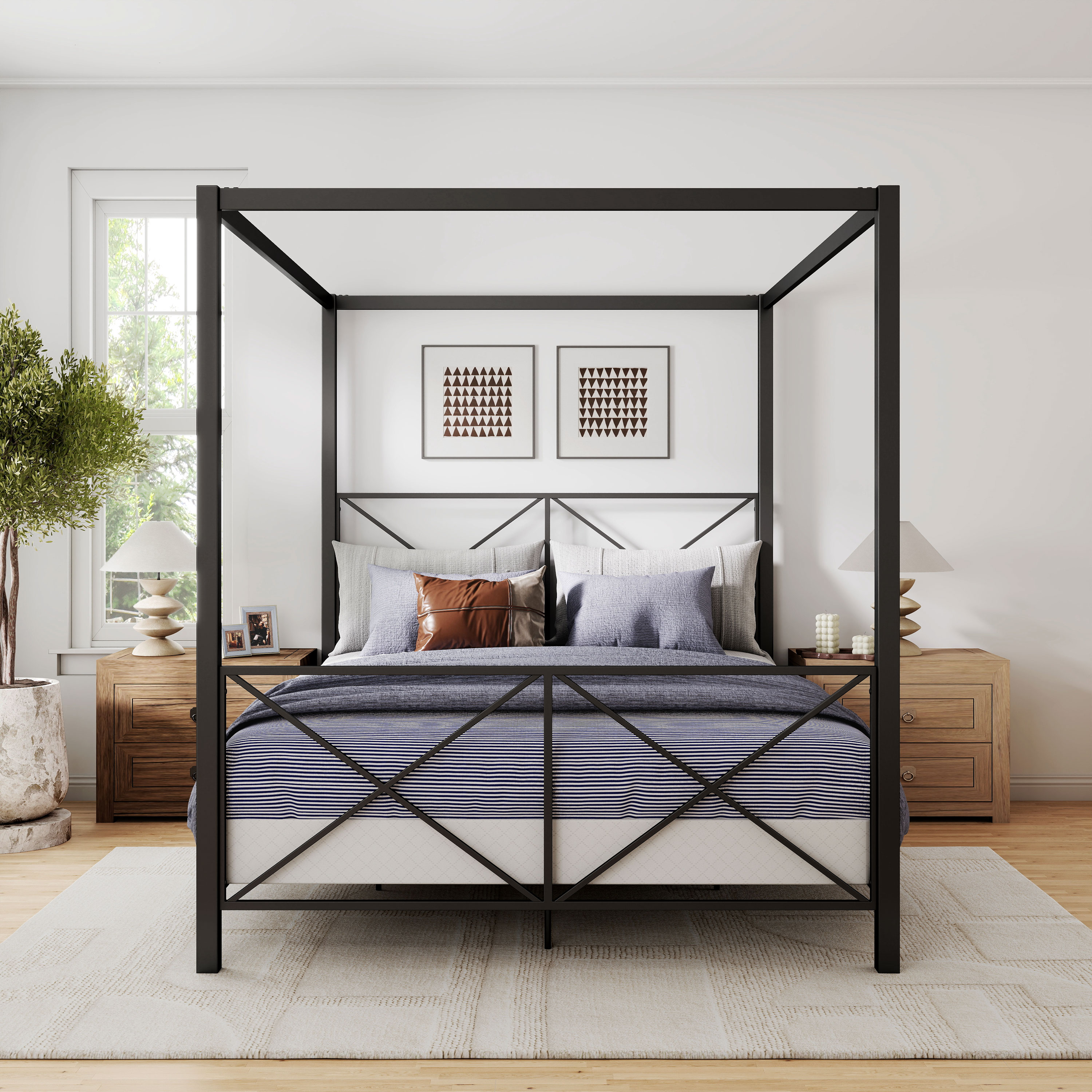 Furniture of America Rosedale Modern Metal X-Cross Canopy Bed, Queen Size, Black